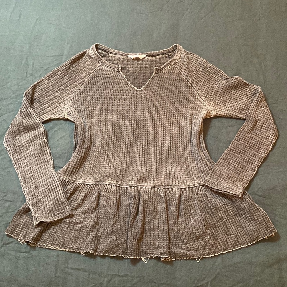 Waffle Knit Acid Wash Peplum Top XL